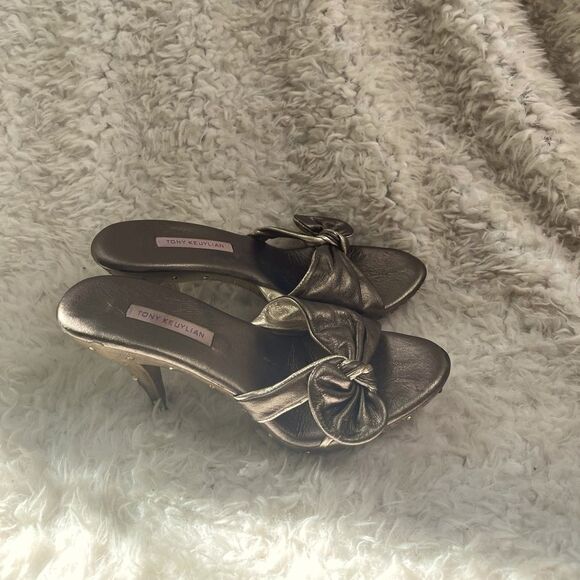 Tony Keuylian leather metallic Bronze and Gold slip on heels sandals EUR SZ38 - Picture 1 of 13
